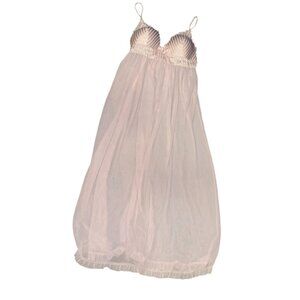 Vintage Sheer Pink Nightgown With Striped Satin Top & Ruffled Hem